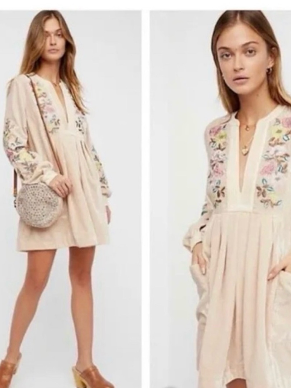 Free People Blush Pink Velvet Tunic with Floral Embroidery